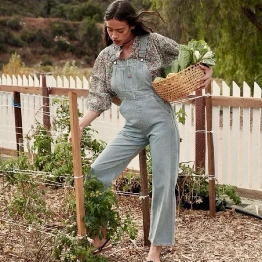 DOEN Myrtle Hickory Stripe Denim Overalls in Medium Blue